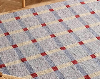 Handgewebter Wollteppich mit Karomuster | Blau-Beige-Roter Karoteppich, 2,4 x 3 m