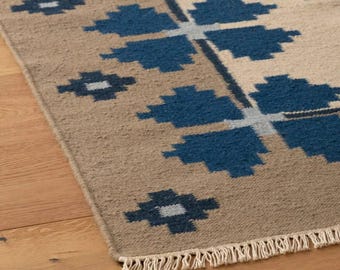 Handwoven Wool Kilim Rug: Blue Geometric Scandinavian Nordic Carpet