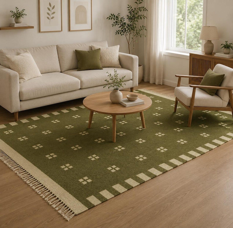 May include: A rectangular area rug featuring a deep olive green base with a repeating pattern of small, light cream-colored squares. The rug is finished with a wide, light cream-colored border and decorative fringe along the shorter edges.