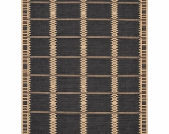 Handwoven Wool Kilim Rug – Navy Blue Geometric Flatweave