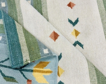 Scandinavian Kilim Wool Rug | Swedish Marianne Richter Inspired Green Tone Flatweave Rug 5×8