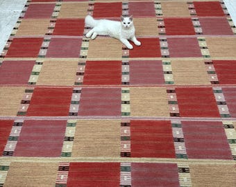 Handwoven Scandinavian Modern Red Wool Rug 8x10 ft Reversible Flatweave Swedish Rug