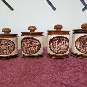 Vintage 1970s Sears Country Scene Canister Set - 4 Piece Ceramic Nesting Kitchen Jars - Hershey Molds Early American Life