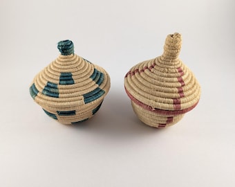 Handcrafted Lidded Woven Baskets - Set of 2 Coiled Rope Bowls