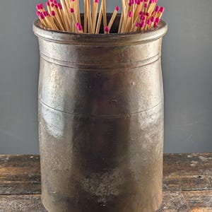 Antique 19th Century Stoneware Crock Jar - Dark Albany Slip Glaze with Metallic Sheen - Primitive Farmhouse Decor - Fireplace Match Holder
