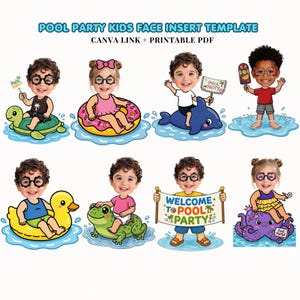 Puede incluir: Una plantilla digital para una fiesta en la piscina, con inserciones de caras de niños de dibujos animados. La imagen incluye varios niños con accesorios como un flotador de tortuga, un flotador de rosquilla y un delfín. El texto dice "POOL PARTY KIDS FACE INSERT TEMPLATE".