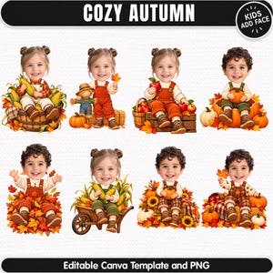 May include: A digital graphic set titled COZY AUTUMN featuring eight illustrations of children with customisable faces wearing overalls and sweaters, surrounded by autumn elements like pumpkins, corn, apples, and colourful fall leaves.