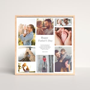 May include: A framed collage featuring multiple photographs of a father with his children. The photos are arranged around the text "Happy Father's Day" and a message. The frame is made of light-colored wood.