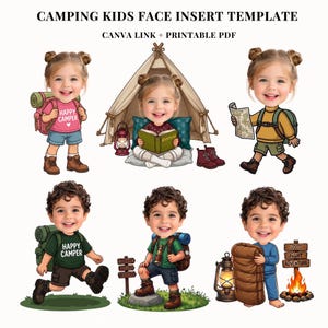 May include: Digital illustration featuring children in camping scenarios. The image includes a tent, lantern, map, and sleeping bag. Text on the image reads "CAMPING KIDS FACE INSERT TEMPLATE" and "CANVA LINK + PRINTABLE PDF".