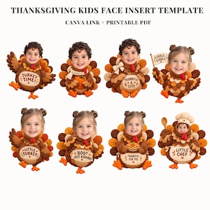 Puede incluir: Una plantilla de inserción de cara para niños de Acción de Gracias con ocho ilustraciones de niños en disfraces de pavo marrón. El texto dice THANKSGIVING KIDS FACE INSERT TEMPLATE, CANVA LINK + PRINTABLE PDF, TURKEY TIME, THANKFUL & CUTE, GOBBLE GOBBLE, LITTLE TURKEY, BOO? JUST KIDDING, THANKFUL FOR PIE y LITTLE CHEF.