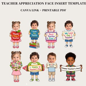 Può includere: Un modello digitale per l'apprezzamento degli insegnanti, con bambini illustrati che tengono cartelli con messaggi come "Grazie Insegnante" e "Buona Festa degli Insegnanti". Include un link Canva e un PDF stampabile.