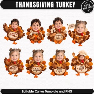 Può includere: Un set di otto illustrazioni digitali di tacchini del Ringraziamento con volti di bambini. Ogni tacchino ha piume color marrone effetto feltro, un bargiglio rosso e testo che include Turkey Time, Thankful & Cute, Gobble Gobble, Little Turkey, Boo? Just Kidding, Thankful for Pie e Little Chef.