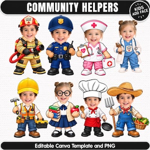 Pode incluir: Um conjunto gráfico digital intitulado COMMUNITY HELPERS com oito personagens de desenhos animados vestidos de bombeiro, policial, enfermeiro, médico, operário, estudante, chef e fazendeiro, com uma etiqueta circular KIDS ADD FACE.