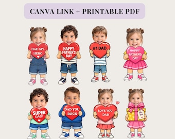 May include: Digital Father's Day craft featuring children holding heart-shaped signs with messages like "Dad My Hero" and "Happy Father's Day." The image includes the text "FATHERS DAY FACE INSERT CRAFT" and "CANVA LINK + PRINTABLE PDF."