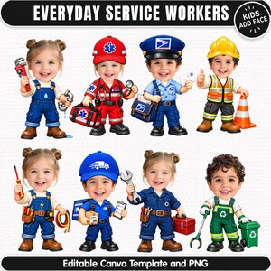 May include: A digital graphic titled EVERYDAY SERVICE WORKERS featuring eight cartoon-style children dressed in various professional uniforms including a plumber, paramedic, mail carrier, construction worker, electrician, delivery driver, and recycler.