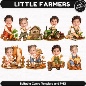 Pode incluir: Um conjunto gráfico digital intitulado LITTLE FARMERS apresentando oito ilustrações de crianças com cabeças grandes em cenas de fazenda, incluindo um trator, um celeiro, um cavalo, um espantalho e pintinhos, com modelo Canva e PNG.
