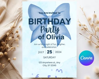 Blue Bow Birthday Invitation, Coquette Party Invite, Canva Template (Digital Download)