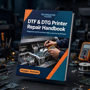 May include: A book titled Techmaster Guides DTF & DTG Printer Repair Handbook with the subtitle Diagnose and fix printers like a service technician. The cover features an illustration of a technician using a multimeter on a printer, 43 pages.