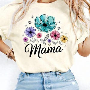A stylish design for the word "Mama" adorned with colorful floral patterns in a modern and attractive style, perfect for printing.
