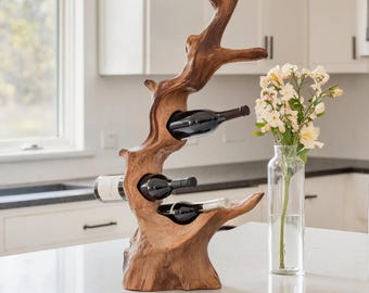 Botellero de madera con borde natural, decoración rústica de pared para bar, soporte para botellas de madera natural