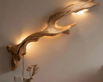 Handgemaakte wandkandelaar van drijfhout, natuurlijk hout en organische kustverlichting