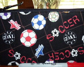 Handcrafted Soccer Zipper Pencil Case/ Travel Bag/ Pouch/ Gadget Bag