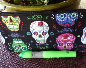 Handcrafted Sugar Skull Zipper Pencil Case/Travel Bag/ Pouch/ Gadget Bag