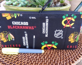 Handcrafted Chicago Blackhawks Zipper Pencil Case/Travel Bag/ Pouch/ Gadget Bag