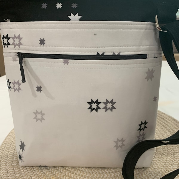 Handcrafted Black and White Cross Body Shoulder Bag/Sling Bag/Purse with Outside Pockets and Adjustable Strap