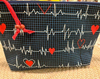 Handcrafted Red Heart and Heartbeats Multi Purpose Zipper Pouch/Cosmetic Bag/Travel Bag/Gadget Bag/Makeup Bag