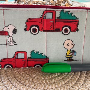 Snoopy Christmas Pencil Case: Red Truck, Charlie Brown, Handmade Cotton Pouch