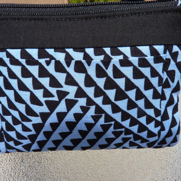 Handcrafted  Zipper Coin Purse/ Mini Wallet in black & periwinkle with outside pockets