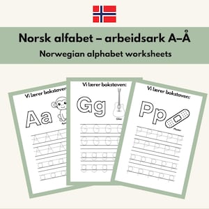 Könnte beinhalten: Drei norwegische Alphabet-Arbeitsblätter mit dem Text "Norsk alfabet - arbeidsark A-Å" und "Norwegian alphabet worksheets". Jedes Arbeitsblatt zeigt einen Buchstaben, ein zugehöriges Bild und Linien zum Nachzeichnen. Die Buchstaben sind A, G und P.