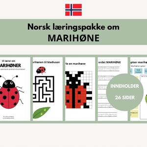 May include: A Norwegian educational learning pack about ladybirds featuring 26 pages of activities. The cover displays a red ladybird with black spots, followed by pages with a maze, a pixel art grid, handwriting practice, and leaf illustrations.