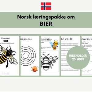 Könnte beinhalten: Ein norwegisches Sprachlernpaket über Bienen. Auf dem Cover steht "Norsk læringspakke om BIER". Im Inneren befinden sich Seiten mit Bienenillustrationen, Labyrinthen und Schreibübungen. Das Paket enthält 25 Seiten.