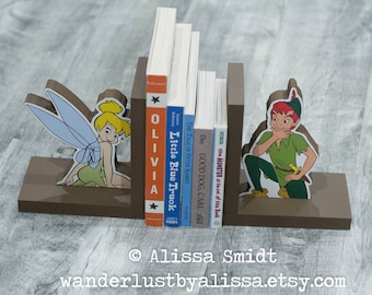 Peter Pan and Tinkerbell Custom Wooden bookends - book lover gift classic peter pan classic book Christmas gift