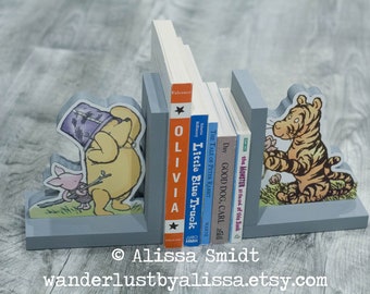 Winnie the Pooh Bookends, Wood Bookends - Custom Created - (classic winnie the pooh, tigger, piglet bookends)