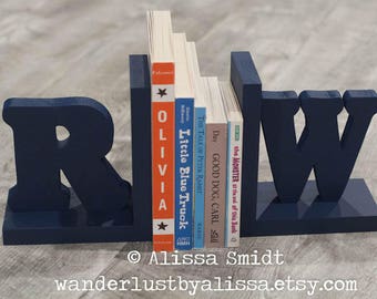 Navy Letter Bookends, Initial Bookends, Wooden Custom Bookends - Custom Created to Coordinate with Your Decor (alphabet bookend)