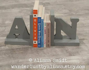 Letter Bookends, Initial Bookends, Wooden Custom Bookends -  (alphabet bookend, grey, gray)