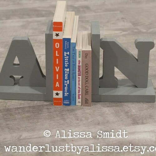 Grey Gray Letter Bookends, Initial Bookends, Wooden Custom Bookends