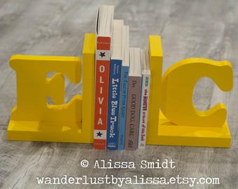 Yellow Letter Bookends, Initial Bookends, Wooden Custom Bookends - Custom Created to Coordinate with Your Decor (alphabet bookend)