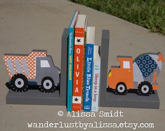 Construction Bookends, Wooden Dump Truck Cement Truck Bookends - Custom Created to Coordinate with Your Decor (construction)