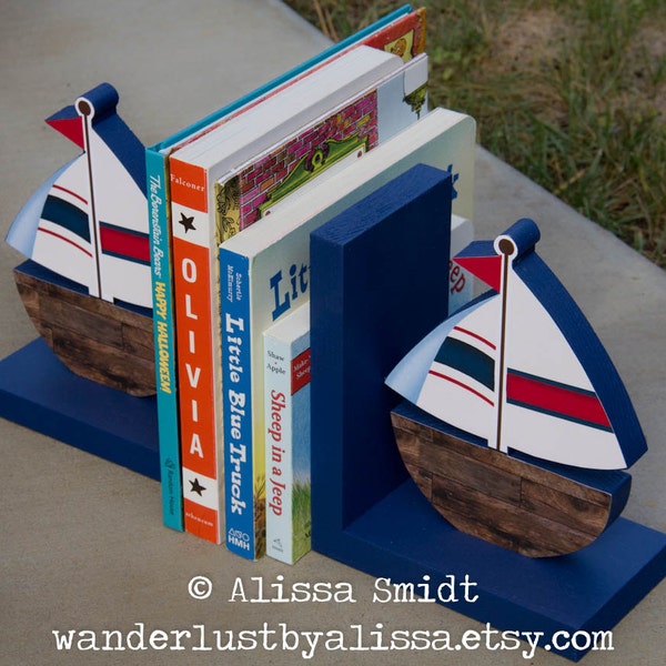 Sailboat Bookends, Custom Designed Wooden bookends - (sailboat, nautical, blue, red, navy, wood look, nautical theme)