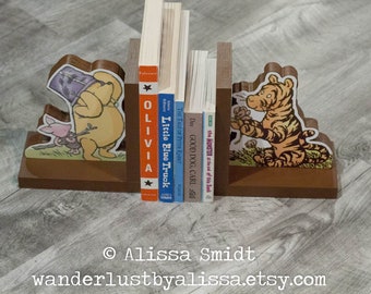 Winnie the Pooh Bookends, Wood Bookends - Custom Created - (classic winnie the pooh, tigger, piglet bookends)