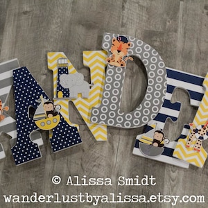 Nautical Jungle Nursery Letters, Custom Wooden Letters - 9 Inch Size (marine safari, lion, elephant, boat, tiger, lighthouse, giraffe)
