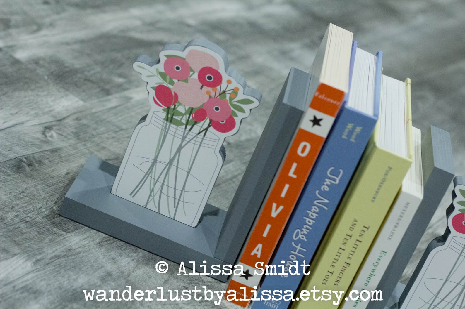 Flower Mason Jar Bookends Custom Wooden Bookends grey Gray Etsy