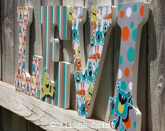 Monster Nursery Letters, Custom Wooden Letters, Custom Letters, (monster, grey, orange, turquoise) 12 Inch Size