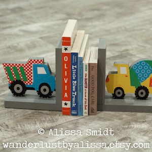 Construction Bookends, Wooden Dump Truck Cement Truck Bookends - Custom Created to Coordinate with Trains, Planes and Trucks bedding set