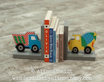 Construction Bookends, Wooden Dump Truck Cement Truck Bookends - Custom Created to Coordinate with Trains, Planes and Trucks bedding set
