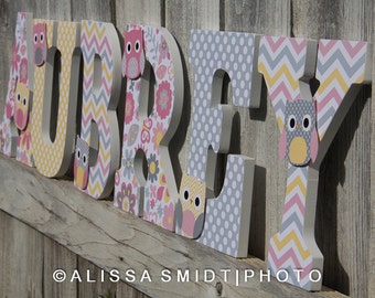 Custom Nursery Wooden Letters, Baby Girl Nursery - Owl Theme Custom Letters, 9 inch Size (yellow, pink, grey, gray, white, dots, chevrons)